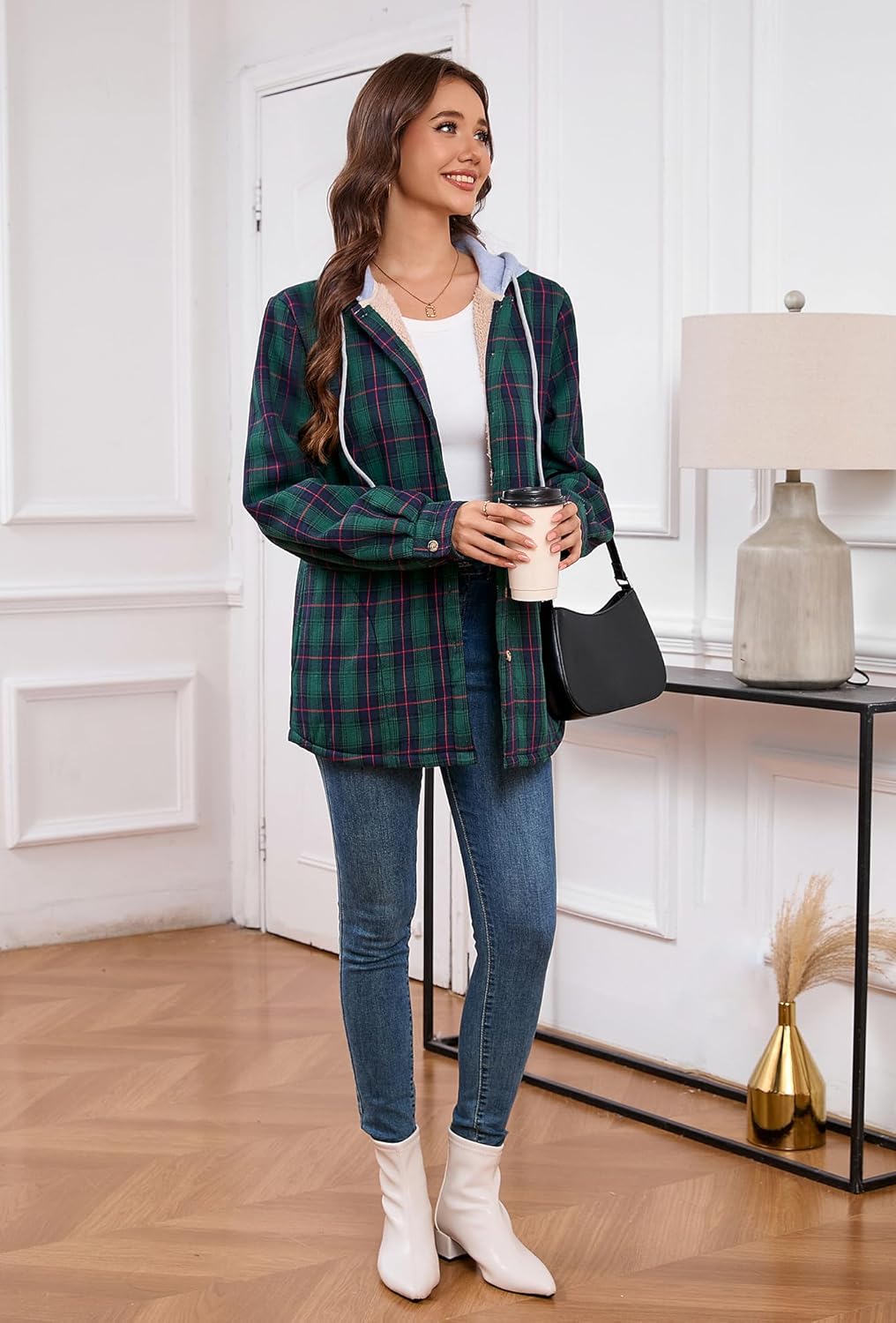 Women's Sherpa Lined Flannel Shirt Jacket Cotton Plaid Fleece Button Down Jackets with Hood for Women - Image 4