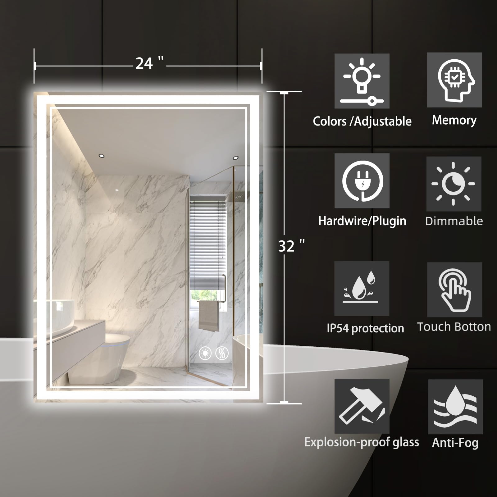 WUENLux LED Bathroom Mirror 24 x 32 inches Anti-Fog Brightness Dimmable 3 Colors Bathroom Vanity Mirror Wall Mounted Horizontal/Vertical