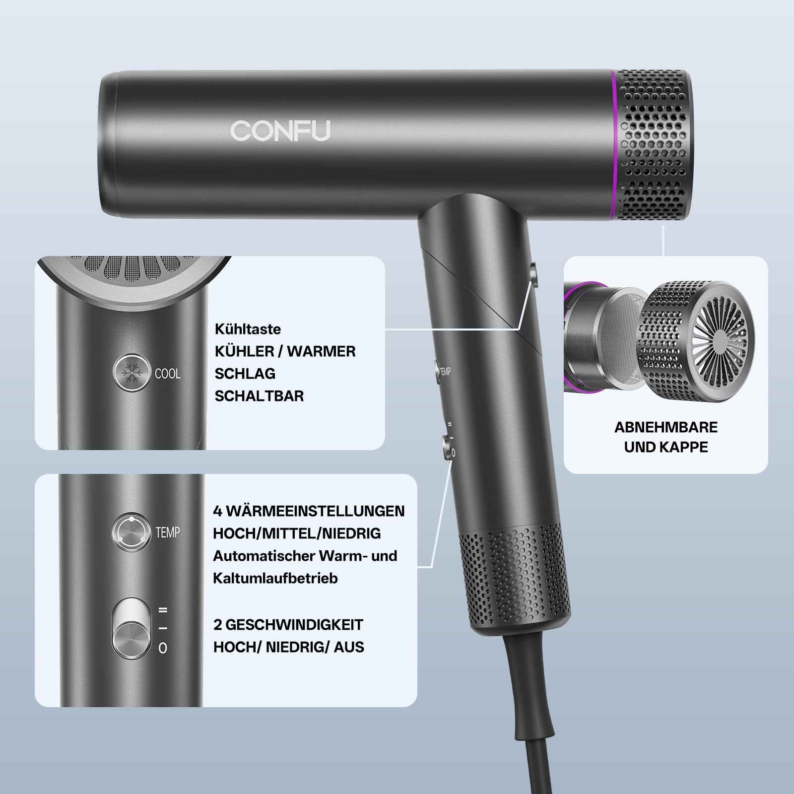 CONFU Fön Ionen Föhn Professioneller Salon Haartrockner 1700W Leicht und Faltbar Wenig Lärm Magnetischer Diffusor StylingDüse Extra lange Kabel, für Hause Salon und Reisen