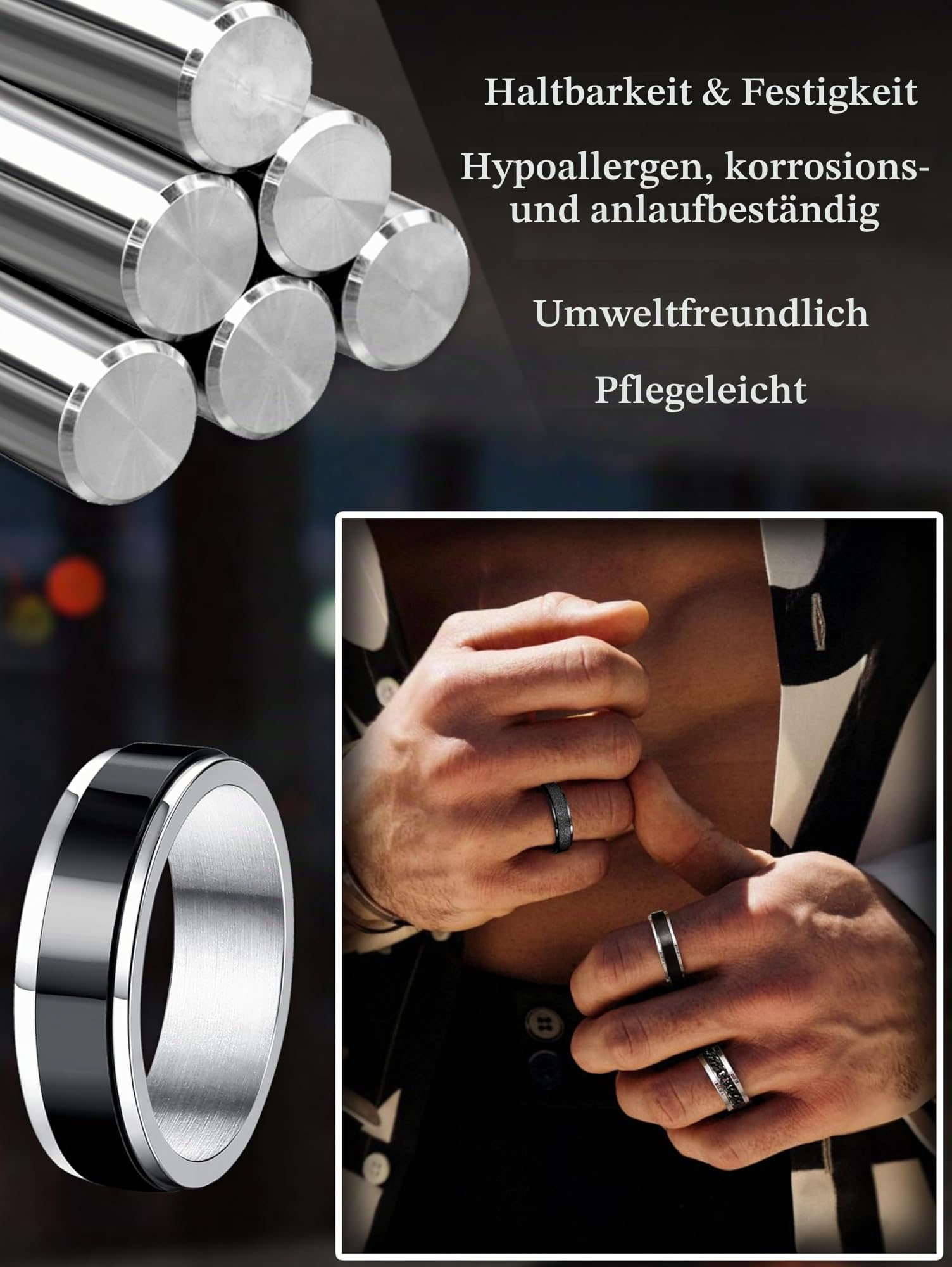 Milacolato 8 Stück Herrenring aus Edelstahl, schwarz, drehbar, Rockkette, Vintage, Gothic, Ringe aus Kohlefaser, Drache, keltisch, blau, Hochzeit, Band, Größe 52 – 70