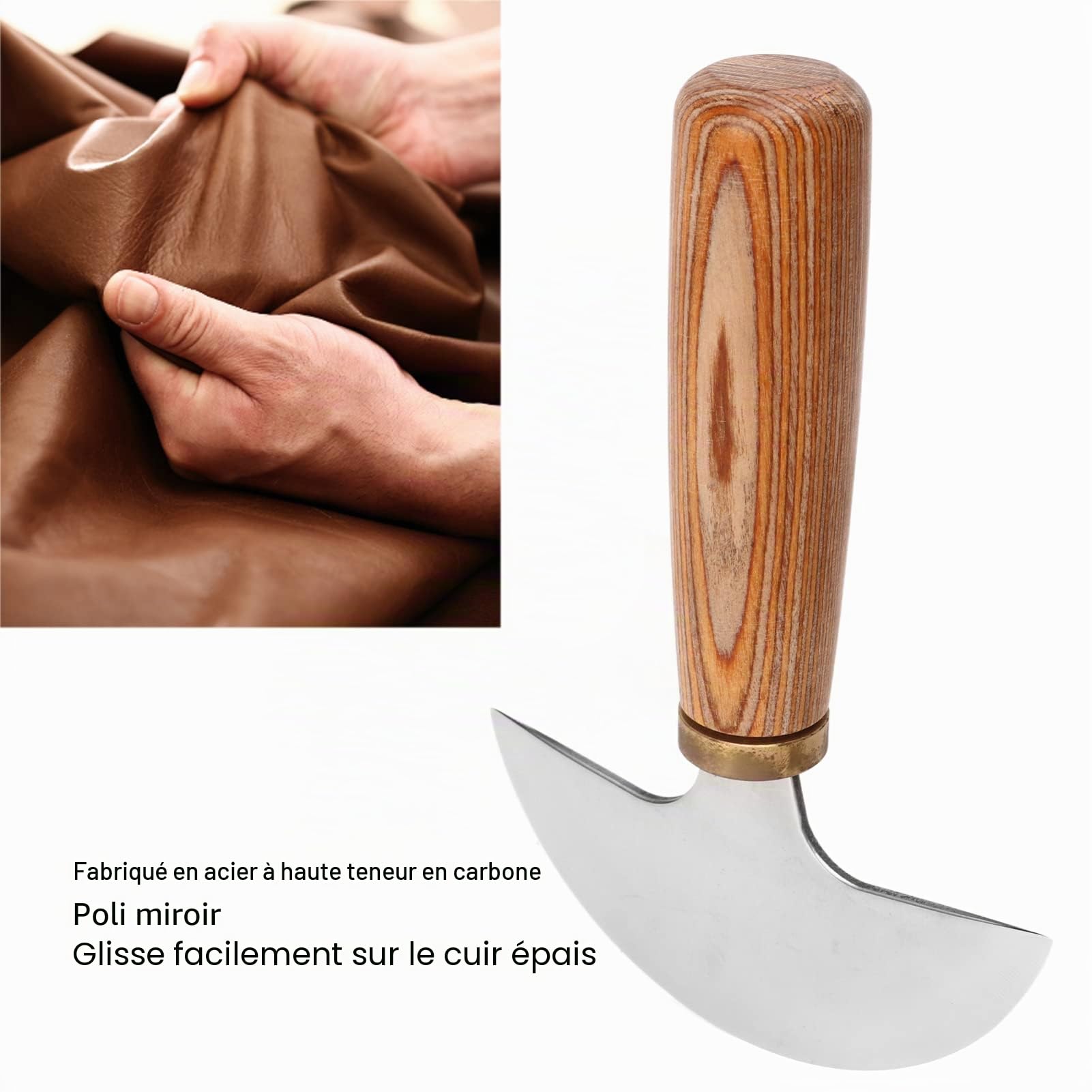Couteau à Tête Ronde en Cuir, Couteau Rond en Cuir Demi-Lune en Acier à Haute Teneur en Carbone avec Manche en Bois de Noyer, Couteau Rond en Cuir pour Travaux Manuels en Cuir