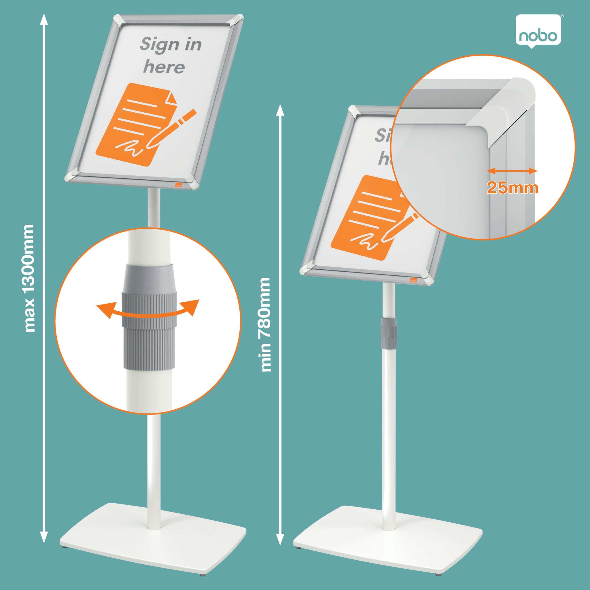 Nobo Premium Plus DIN A3 Infoständer, höhenverstellbar & drehbar | Klapprahmen für schnellen Posterwechsel, 780-1300 mm, blendfreie PP-Abdeckung, Empfang, Messe, Praxis