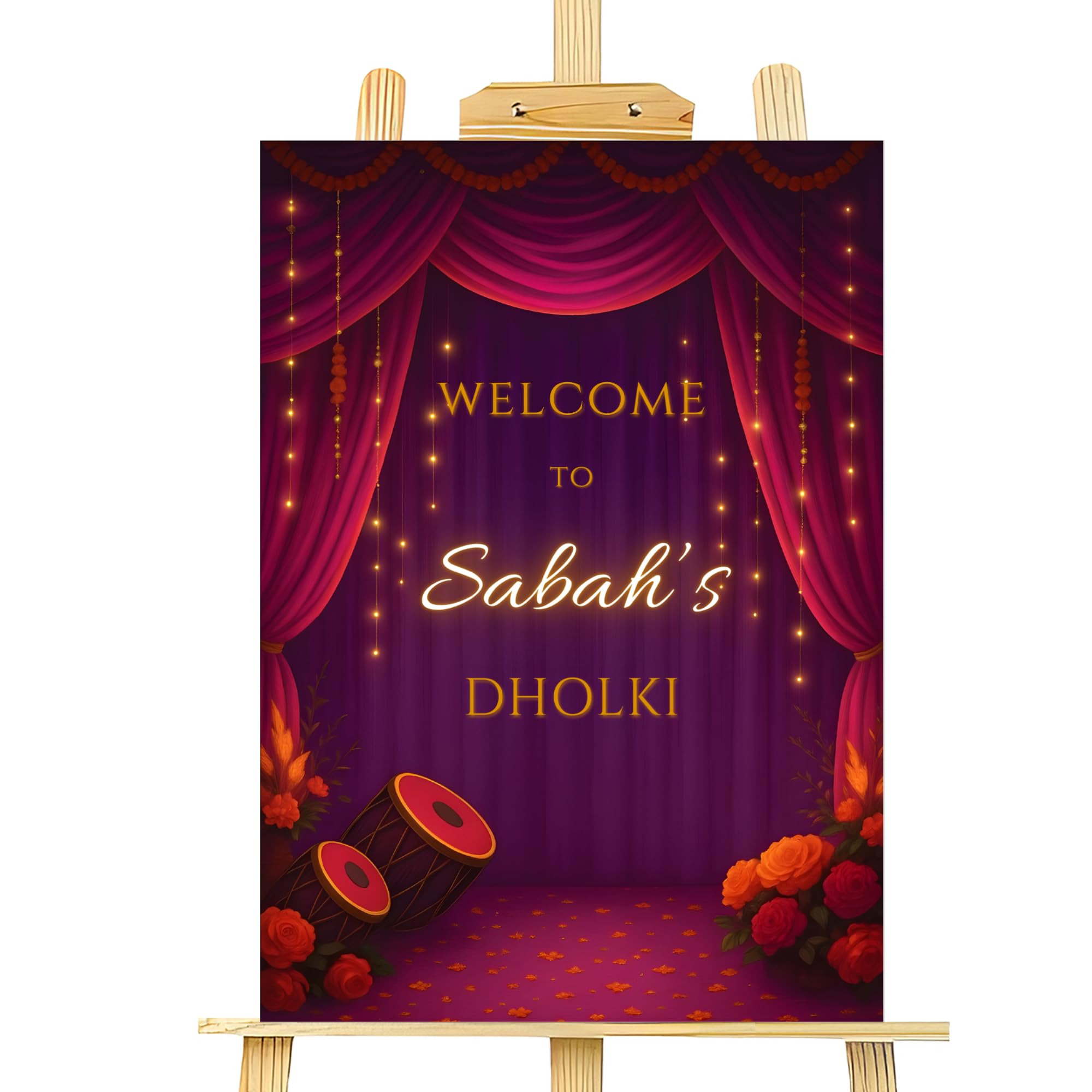 Personalised Dholki Welcome Entrance Sign Board Indian Wedding Party Decor for Sangeet, Dholak Night A1 Foamex Board (Design 1)