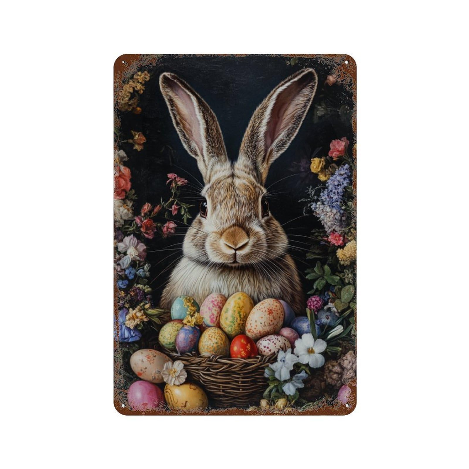 Rust Effect Easter Bunny with Basket of Eggs-2 Vintage Rust Metal Sign 11.8"x7.9", Old School Wall Decor for Basement, Hobby Room And Garage Decor
