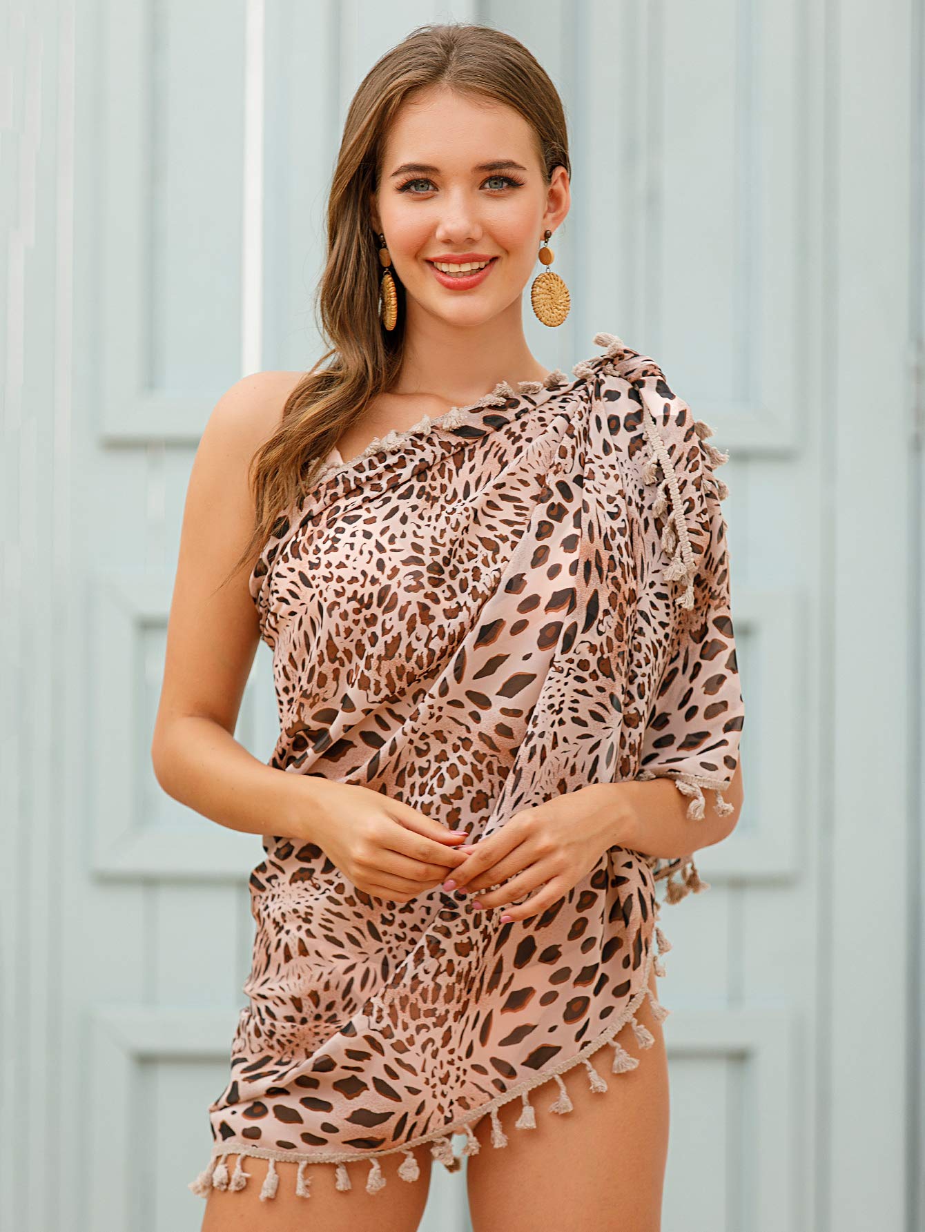 Eicolorte Beach Sarong Pareo damskie półprzezroczyste stroje kąpielowe okrycie krótka spódnica z frędzlami, 013-Khaki Leopart, L