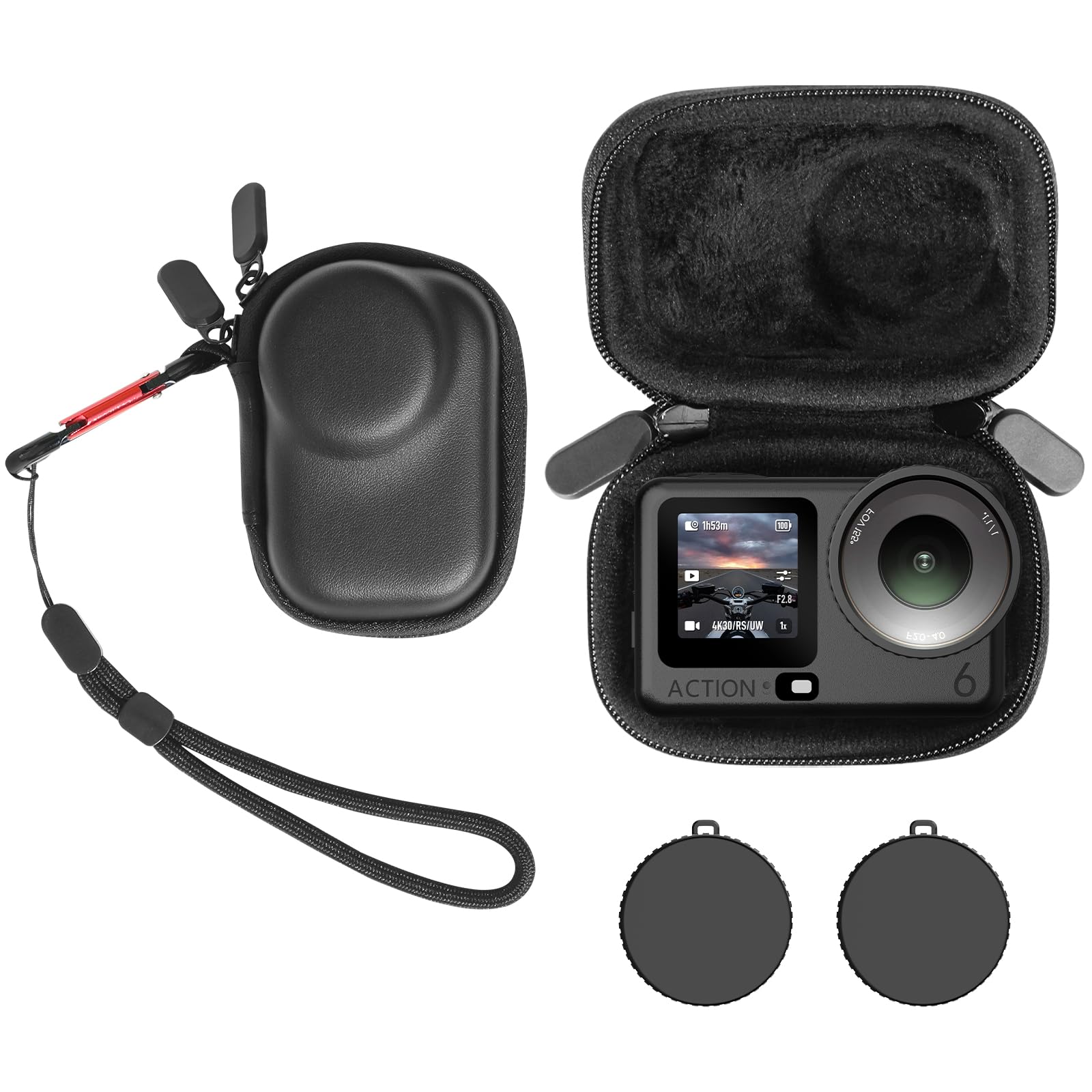 AMAZEAR Tragetasche für DJI OSMO Action 6 Zubehör + 2X Silikon Objektivkappen Set – Kompakte Hartleder Mini Tasche mit Weichem Innenfutter, Schutz & Ordnung für Actionkamera Zubehör - Reisetasche