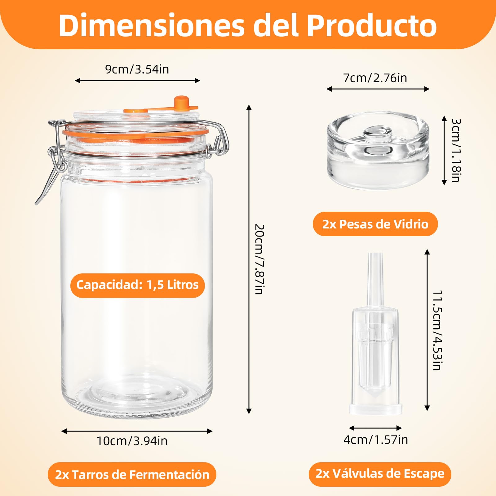 Kit de 2 Tarros de Fermentación de 1,5L con Pesas de Vidrio - Recipiente para Kimchi, Chucrut, Kombucha y Verduras Encurtidas - Incluye 2 Tarros y 2 Pesas