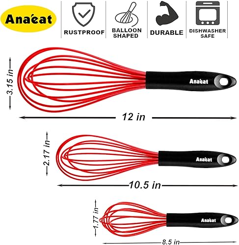 Vista 25 de Anaeat Batidor de globo de silicona, perfecto para utensilios de cocina antiadherentes, batidora de leche y huevos, batidor de cocina resistente al