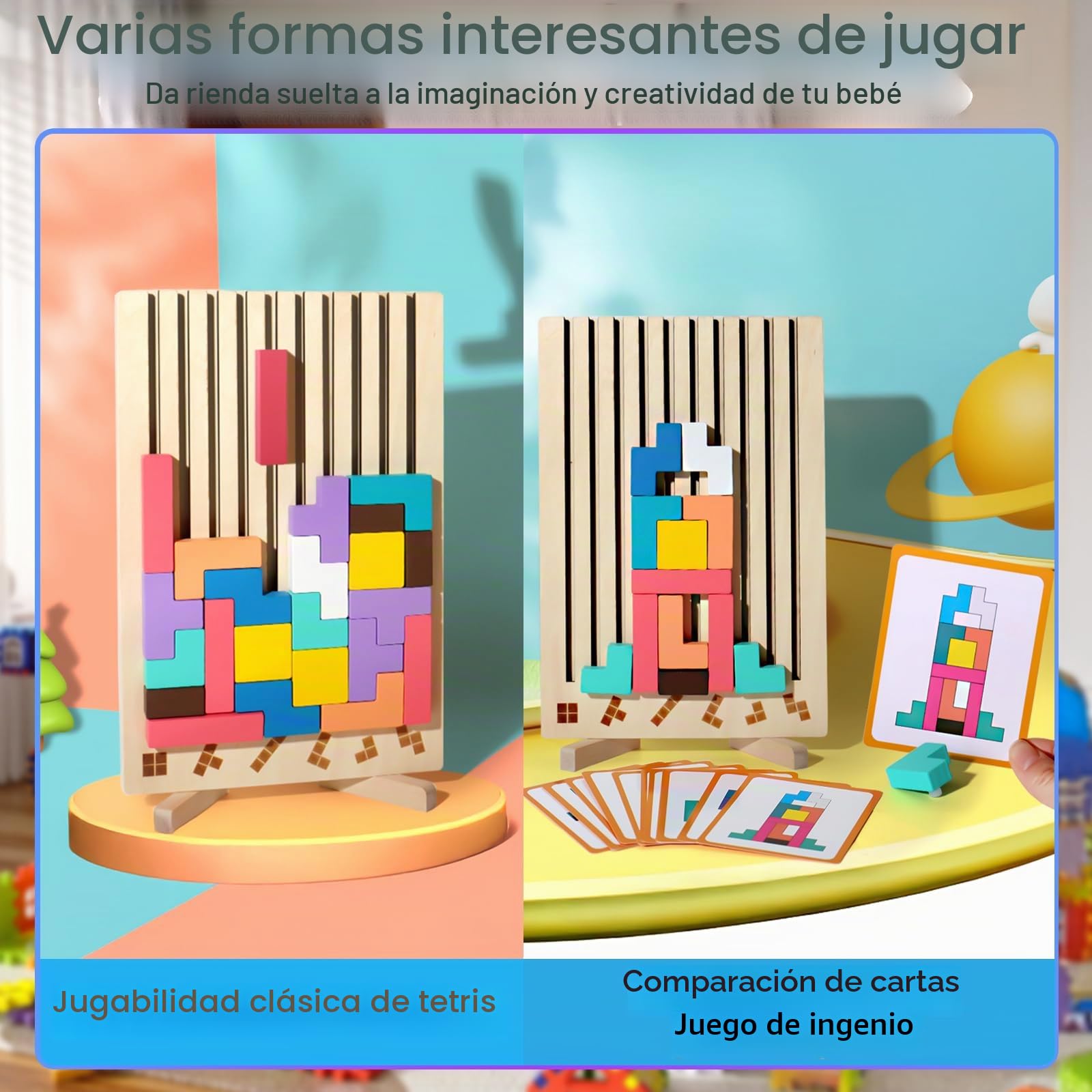 ZLPBAO Puzzle de Madera Tetris con 10 Tarjetas y Bolsa de Almacenamiento, Rompecabezas Niños, Tetris Puzzle 3D Madera,Juguetes Sensoriales, Juegos Montessori 3 4 5 6 Años