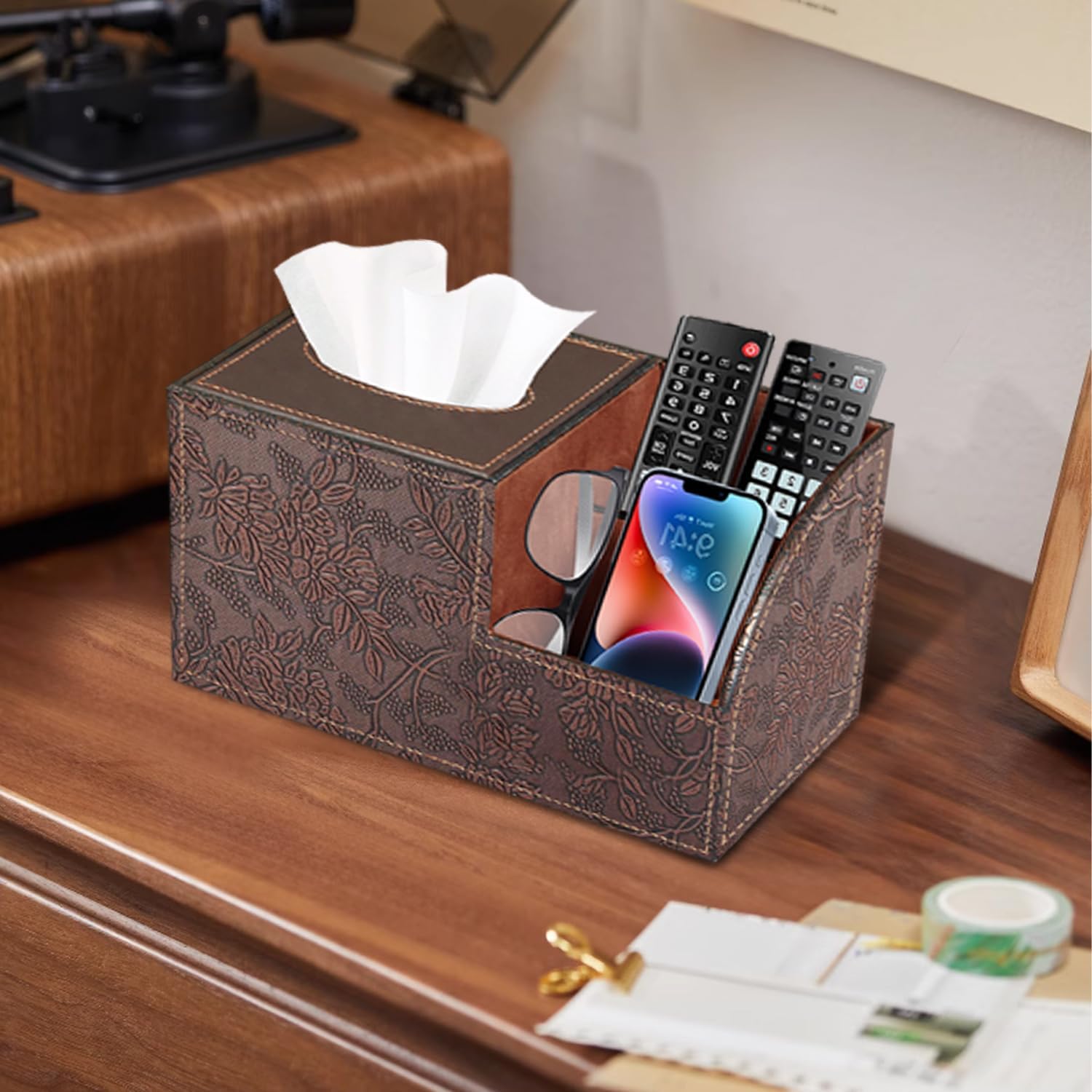 PU Leather Square Tissue Box Cover - Multi-Functal Tissue Box Holder,