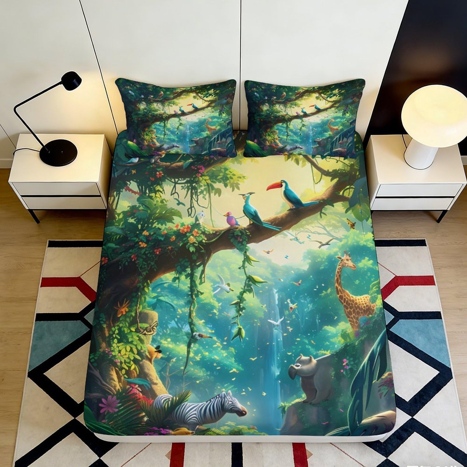3D Printed Enchanted Forest Fitted Sheet Microfiber Soft Breathable Fantasy Animal Bed Cover for Bedroom Dorm Decor 90x200x25cm