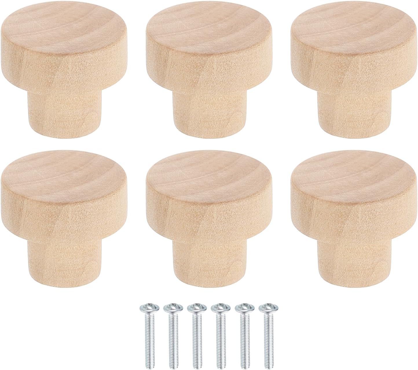 uxcell 6Pcs Round Wood Drawer Knob, 2" Diameter Flat Round Dresser Knobs Wooden Knobs with Screws for Furniture Drawer Dresser Wardrobe Cupboard