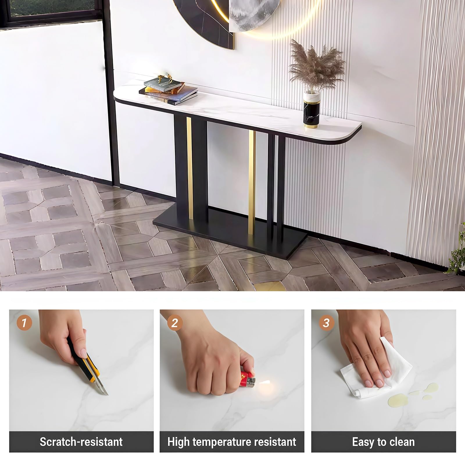 Mesa de entrada moderna con tablero de imitación de piedra, mesa consola semicircular contra la pared, mesa auxiliar estrecha para sofá, ideal para la decoración de la sala de estar, el pasillo y la