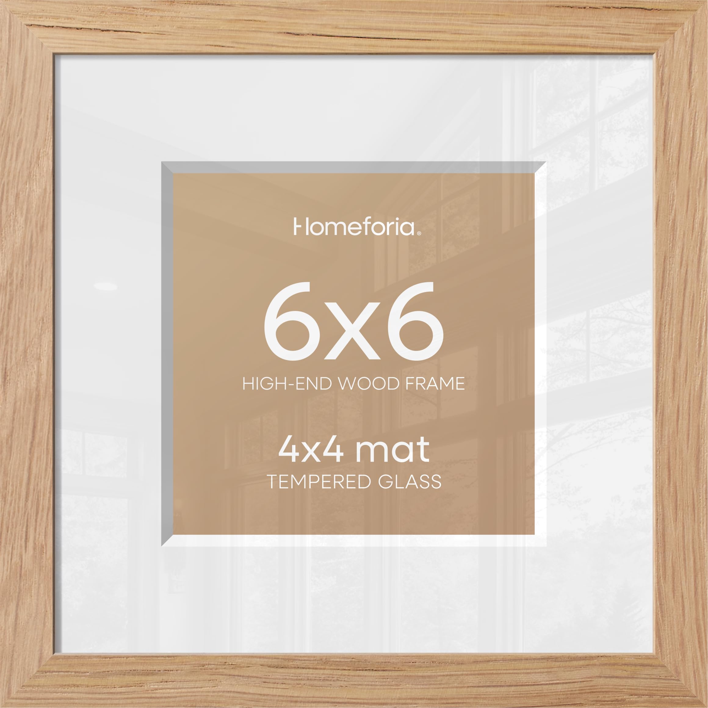 Homeforia 6x6 Natural Oak Picture Frame, High-End Wood, 4x4 Mat, Glass | High End Solid Oak Wood, Tempered Glass, Acid-Free 4x4 Removable Mat, 6x6 Edge-to-Edge Display 6x6, Wall Kit, Set Of 2