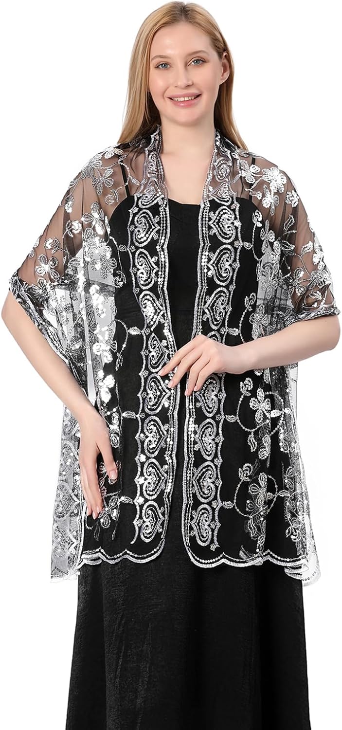 Shawls and Wraps for Evening Dresses,Women Formal 1920s Sequin Flower Sheer Shawls and Wraps for Wedding- - Image 2