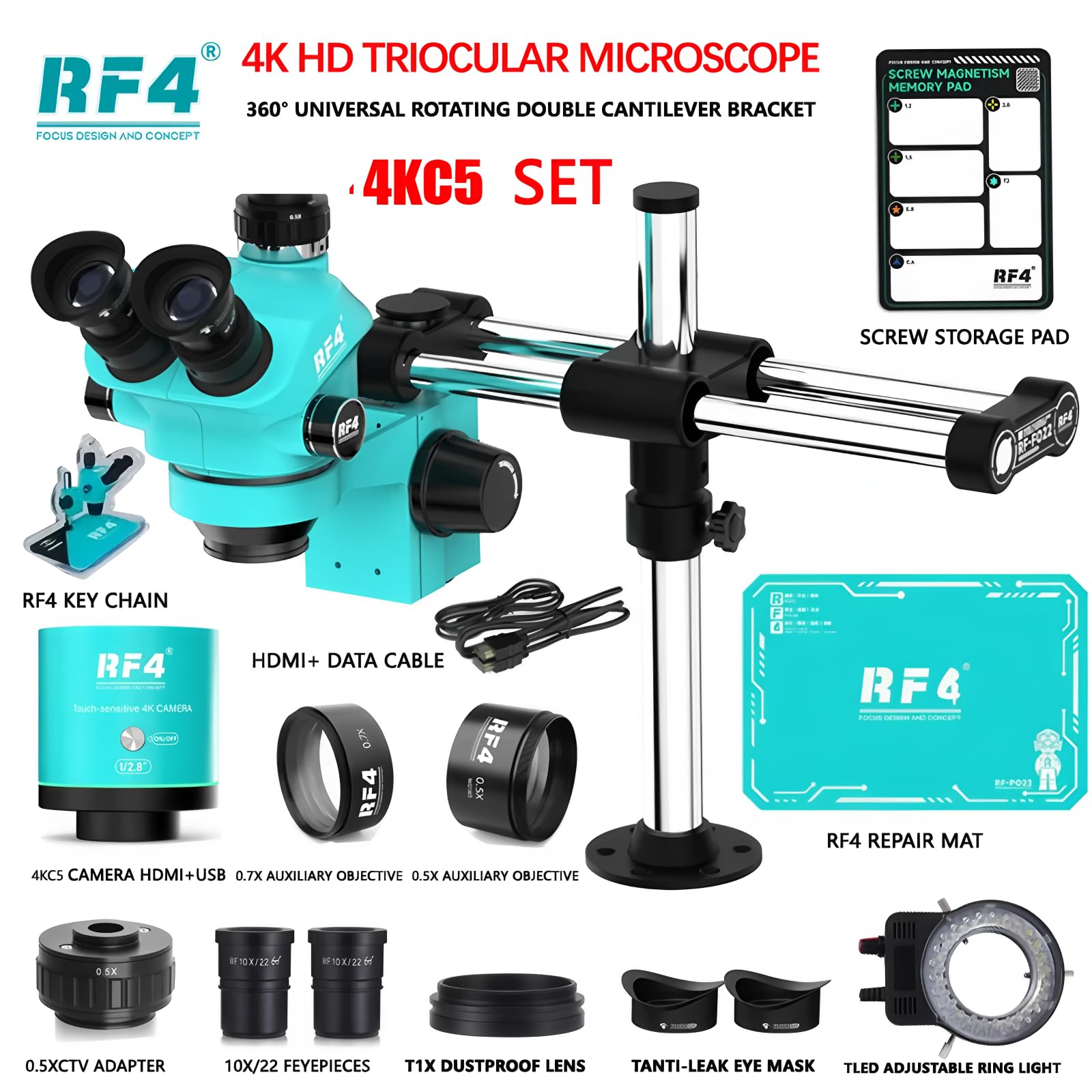 Microscopio stereoscopico trinoculare a fuoco simultaneo con zoom su asta doppia, 1080P, 4K, HDMI, USB, Microscopio, fotocamera per telefono, strumenti di riparazione PCB (RF-FO22C 4KC5)