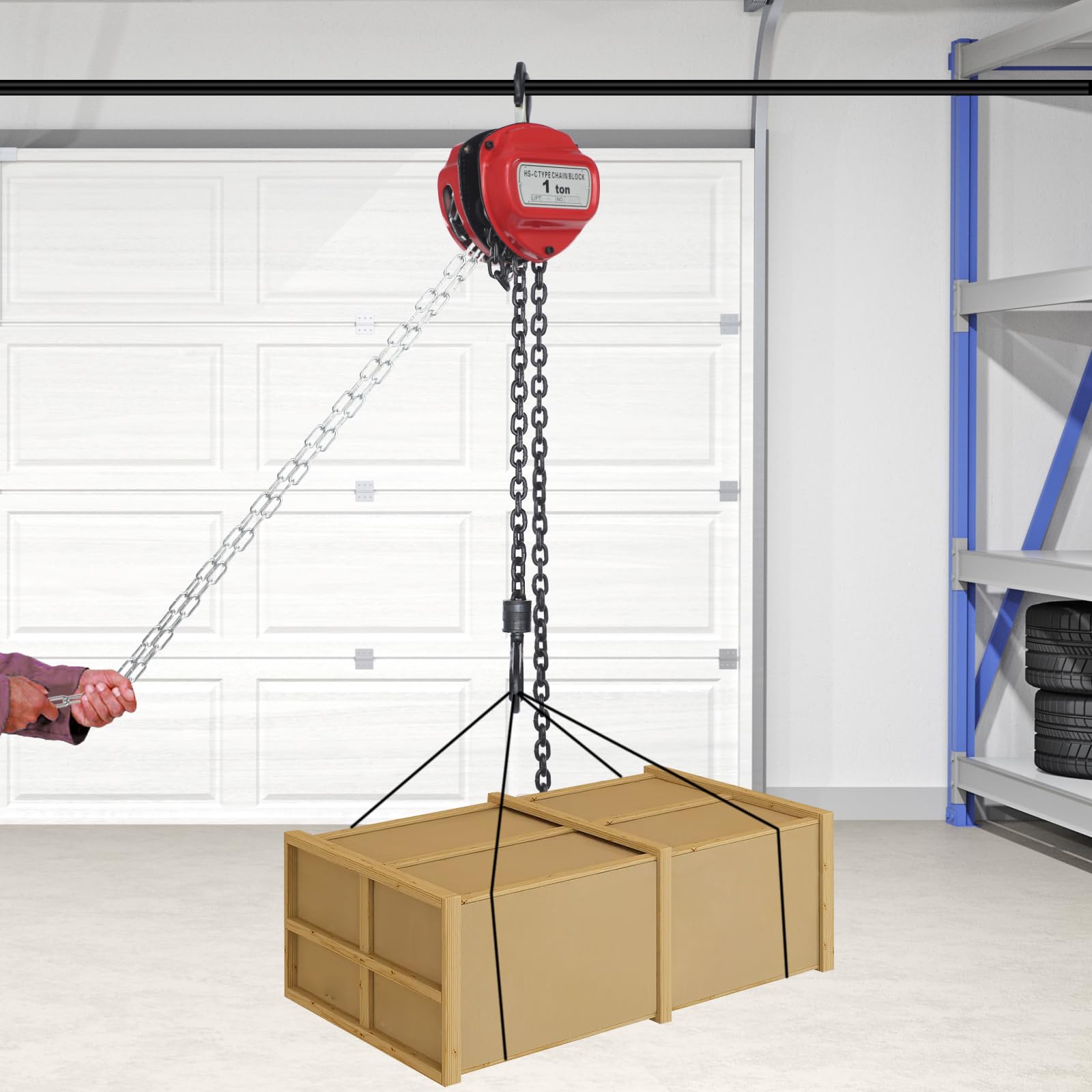 Paranco a catena da 1 T, con gancio girevole a 360°, altezza di sollevamento 6 m, con catena G80, sollevamento manuale, fino a 1000 kg, portatile, per cantieri, garage o officina (rosso)