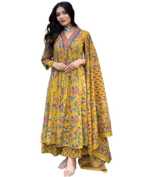 Nermosa Women Printed Anarkali Kurta and pant set with Dupatta