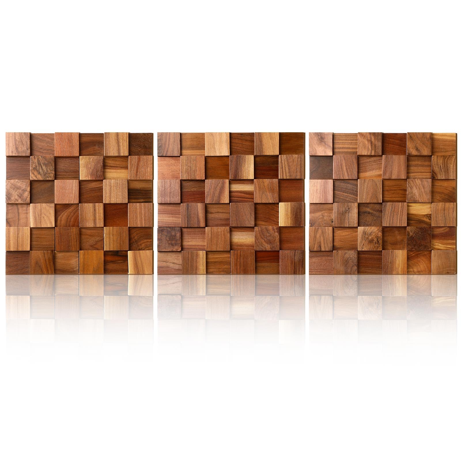 RattanView 3 Pcs 3D Rustic Wood Wall Art Mosaic Block Panel 11.8