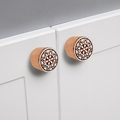 Miniatura 2 de Hashcart Pomos de madera florales para gabinetes, 6 pomos de madera hechos a mano para armarios y cajones, pomos de madera para cajones de tocador,
