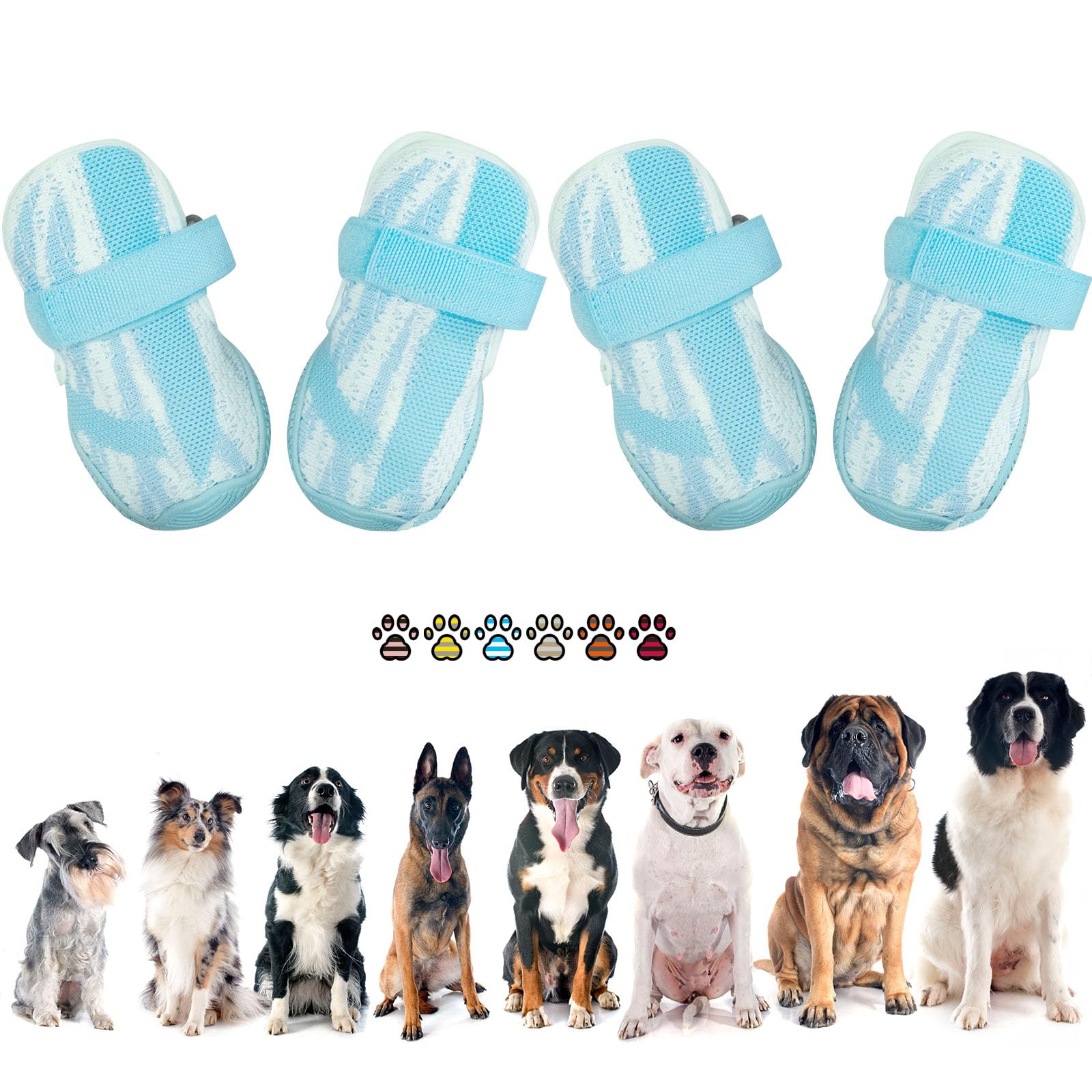 PETQYS Dog Shoes,Mesh Breathable Dog Boots for Walking Running Hiking,Soft Non-Slip Rugged Rubber Sole Dog Booties with Adjustable Straps 4Pcs,Blue-Size6