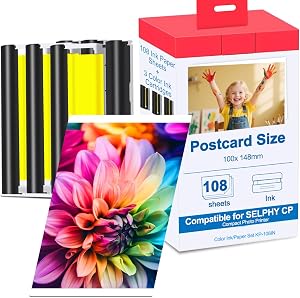 Compatible for Canon Selphy CP1300 Paper and Ink-KP108IN 3 Color Ink Cartridges & 108 Sheets 4x6 Photo Paper for Selphy CP1300, CP1200, CP1500, CP910, CP900, CP760, CP770, CP780 CP800 Printer