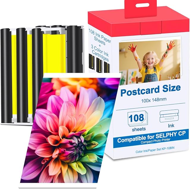 Compatible pour Canon Selphy CP1300 Papier et carton Ink-KP108IN 3 Cartouches d'encre couleur & 108 Feuilles 4x6 Papier photo pour Selphy CP1300, CP1200, CP1500, CP910, CP900, CP760, CP770, CP780 CP800 imprimante