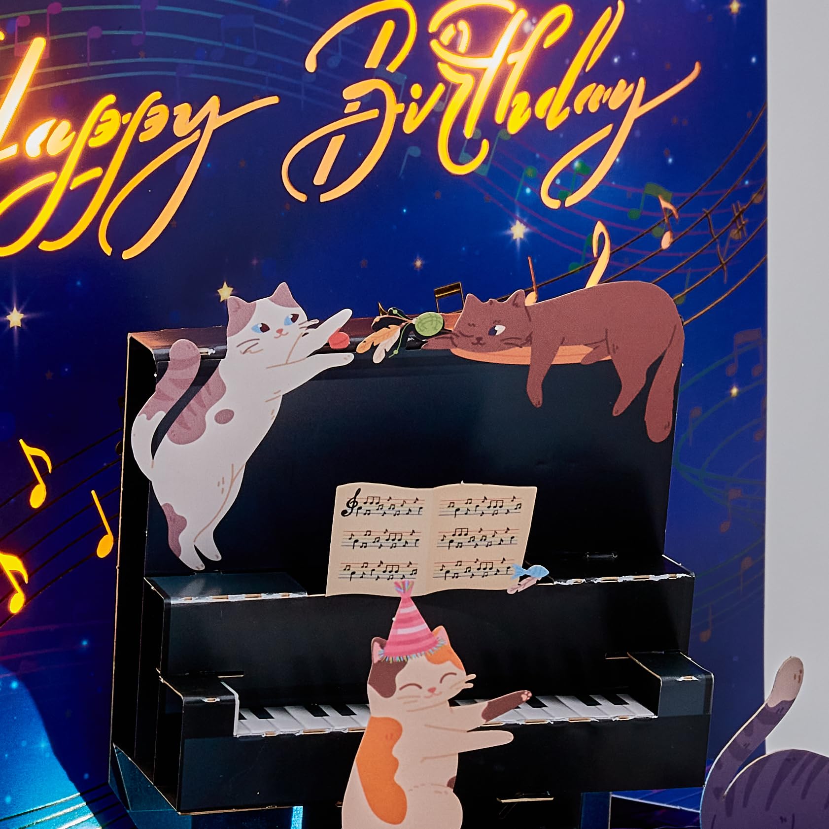 Biglietto di auguri pop up con luci a LED, con gatto 3D che suona il pianoforte, biglietto di auguri musicale con busta, regalo di compleanno per amanti dei gatti, musicisti, bambini, donne