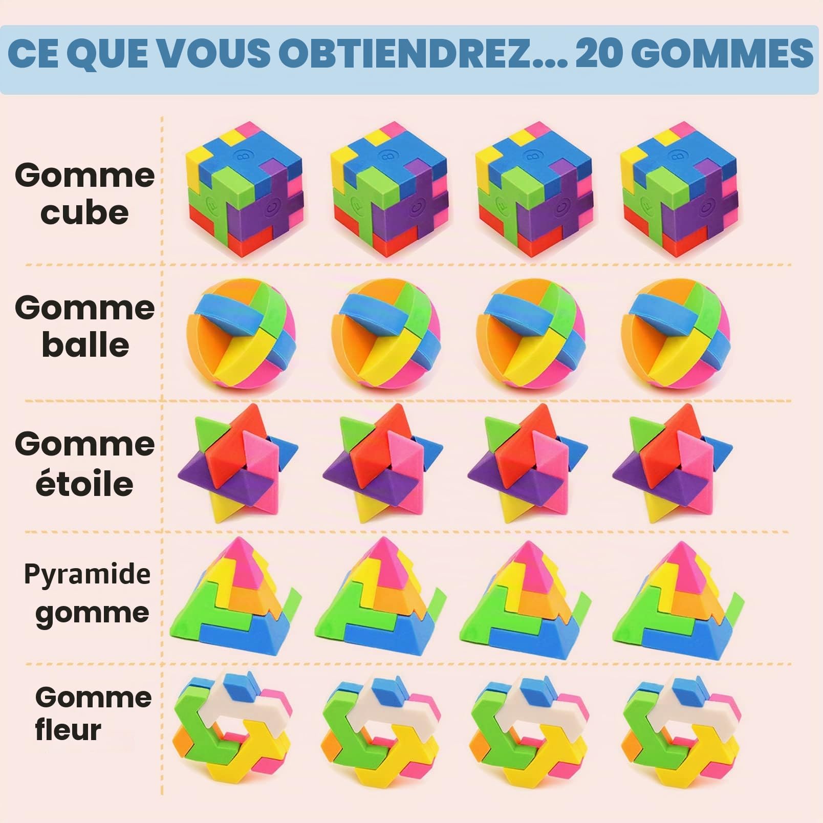 ICEPAPA, 20 pièces Gomme Puzzle Cube, Gomme pour Enfants, convient comme petits Cadeaux Anniversaire Enfant, prix de Tombola pour Enfants ou Gadget Anniversaire Enfant (Contient 5 formes)