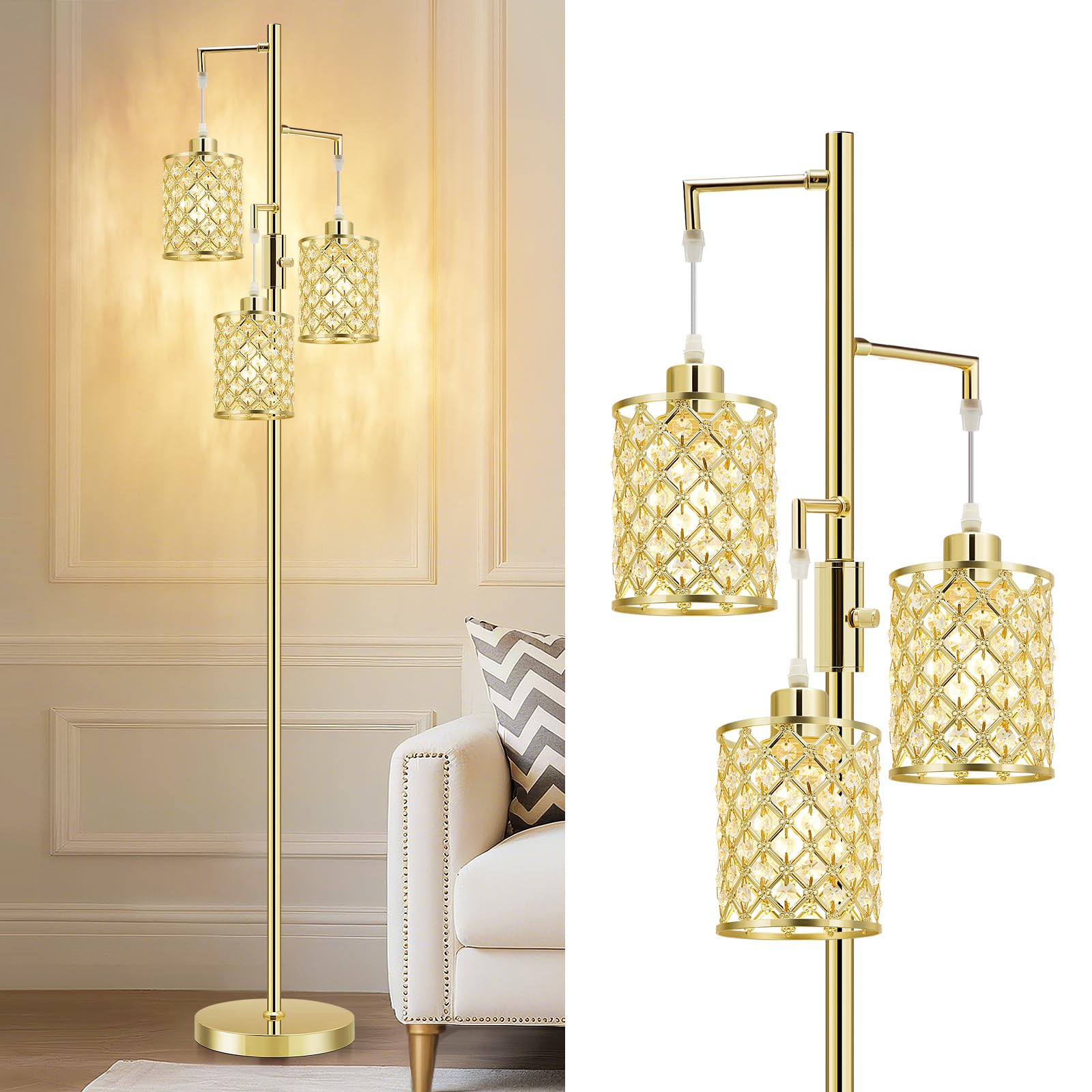 GyroVu Morden Gold Crystal Floor Lamps for Living Room, 3-Light
