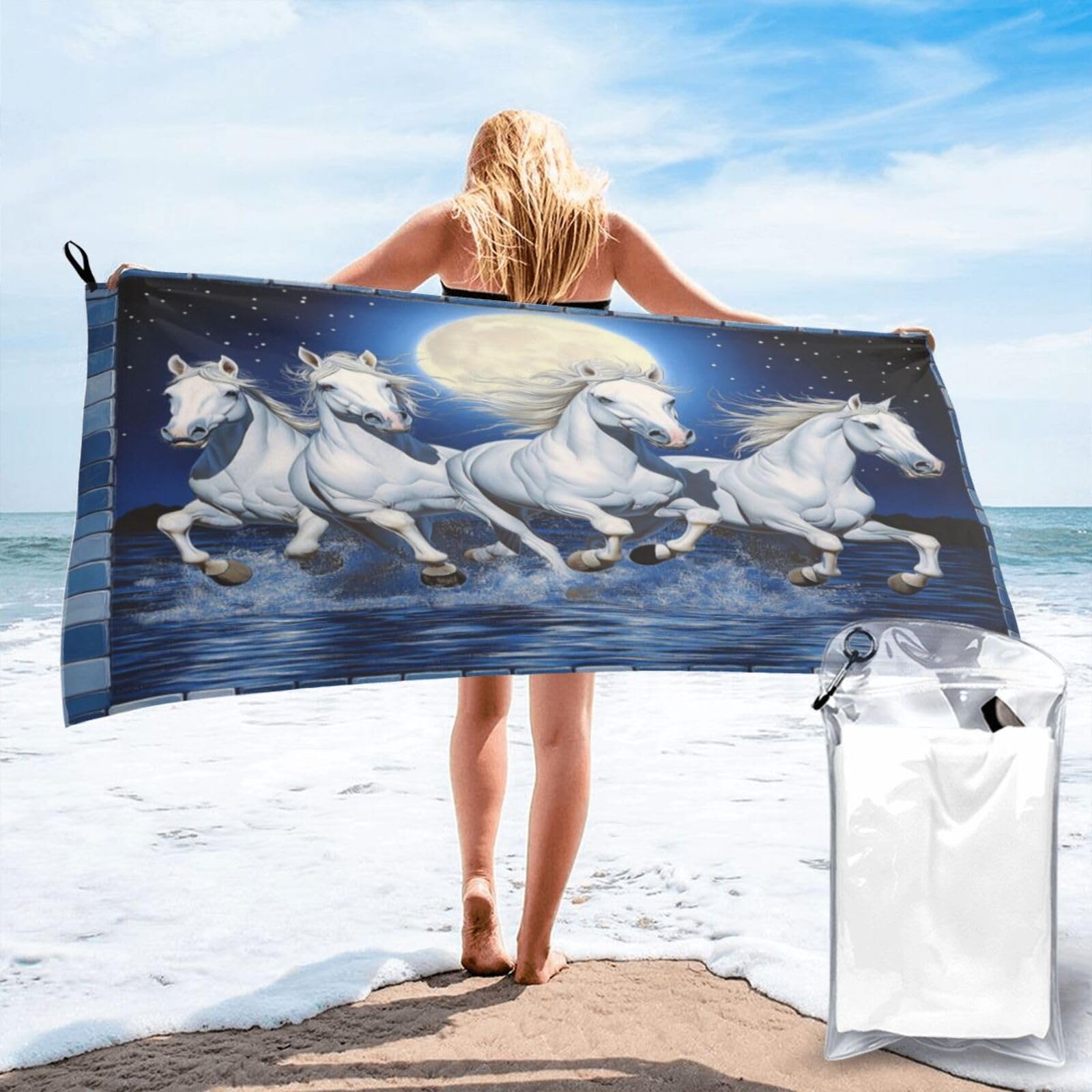 Anceky White Horses Gallop Under Full Moon Quick Dry Microfiber Travel Towel with Carry Case and Carabiner 31.5"X63"