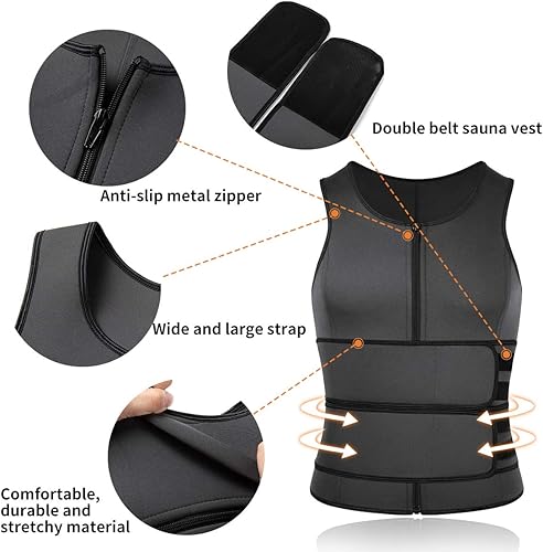 Miniatura 10 de SHAPERIN - Chaleco de neopreno para hombre, faja reductora efecto sauna, estilo camiseta sin mangas con zíper y dos cinturones