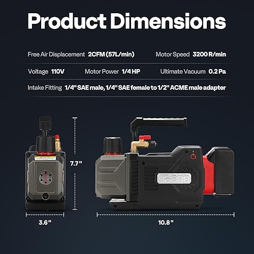 Miniatura 7 de VIVOHOME Bomba de vacío inalámbrica de iones de litio de 2 etapas de 14 HP 2 CFM, motor sin chispas para sistemas R32 R1234yf R454B R134a R410a,