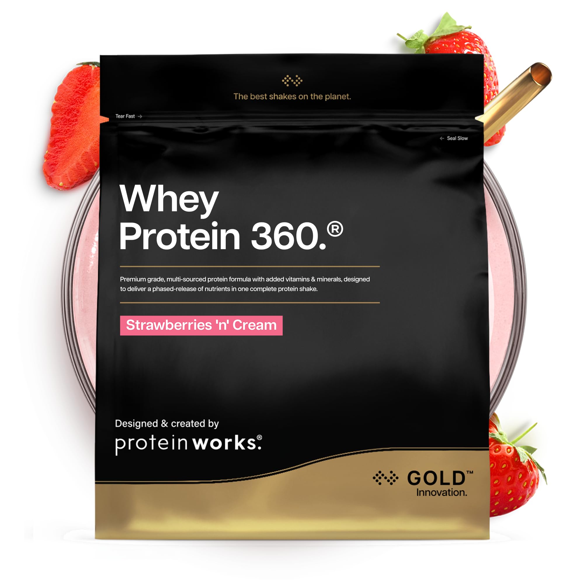 Protein Works | Whey Protein 360 - Gold Innovation, Whey Protein Powder, Premium Tri-Protein Blend, Digestive Enzymes, 12 Vitamins & Minerals, Strawberries 'n' Cream, 20 Servings, 600g