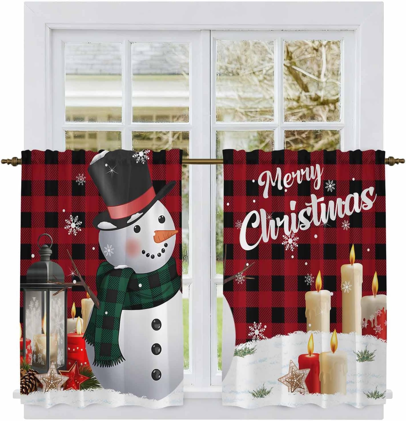 Red Black Plaid Christmas Kitchen Curtains 45 Inch Long 2 Panel Set, Rod Pocket Window Treatment, Xmas Snowman Snowflake Candle Light Filtering Short Curtains & Drapes for Bathroom Laundry 52"W x 45"L