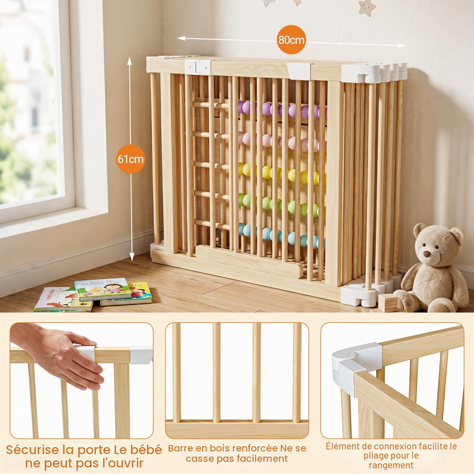 Parc Bébé Modulable en Bois 160 x 160 cm avec Porte | Parc pliable et réglable en taille et forme, aire de jeu stable pour la maison, idéale pour bébés et jeunes enfants