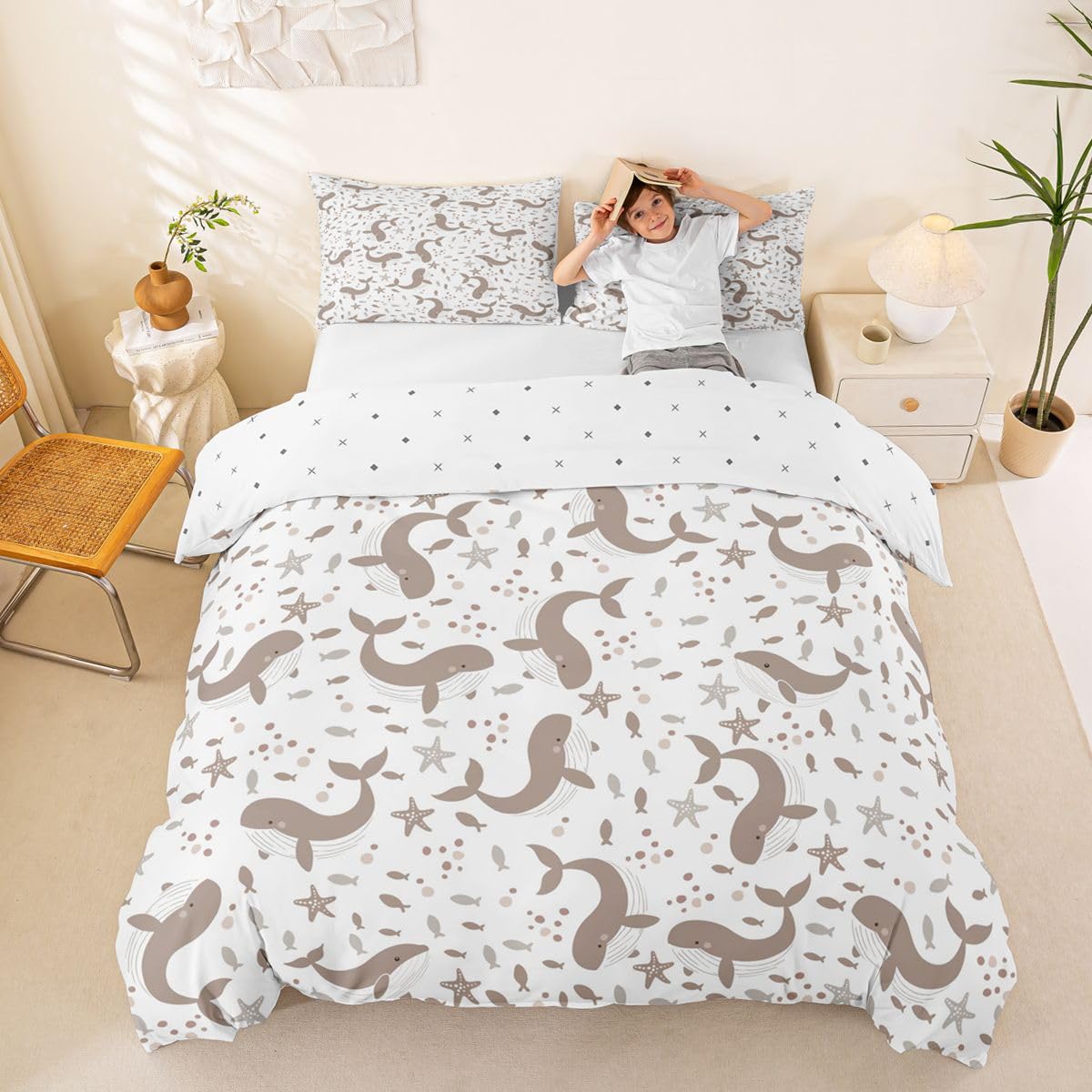 Homewish Summer Whale Cute Super King Set di biancheria da letto con animali del mondo sottomarino pesce copripiumino acquerello stella marina oceano trapunta arredamento camera Kawaii set da letto