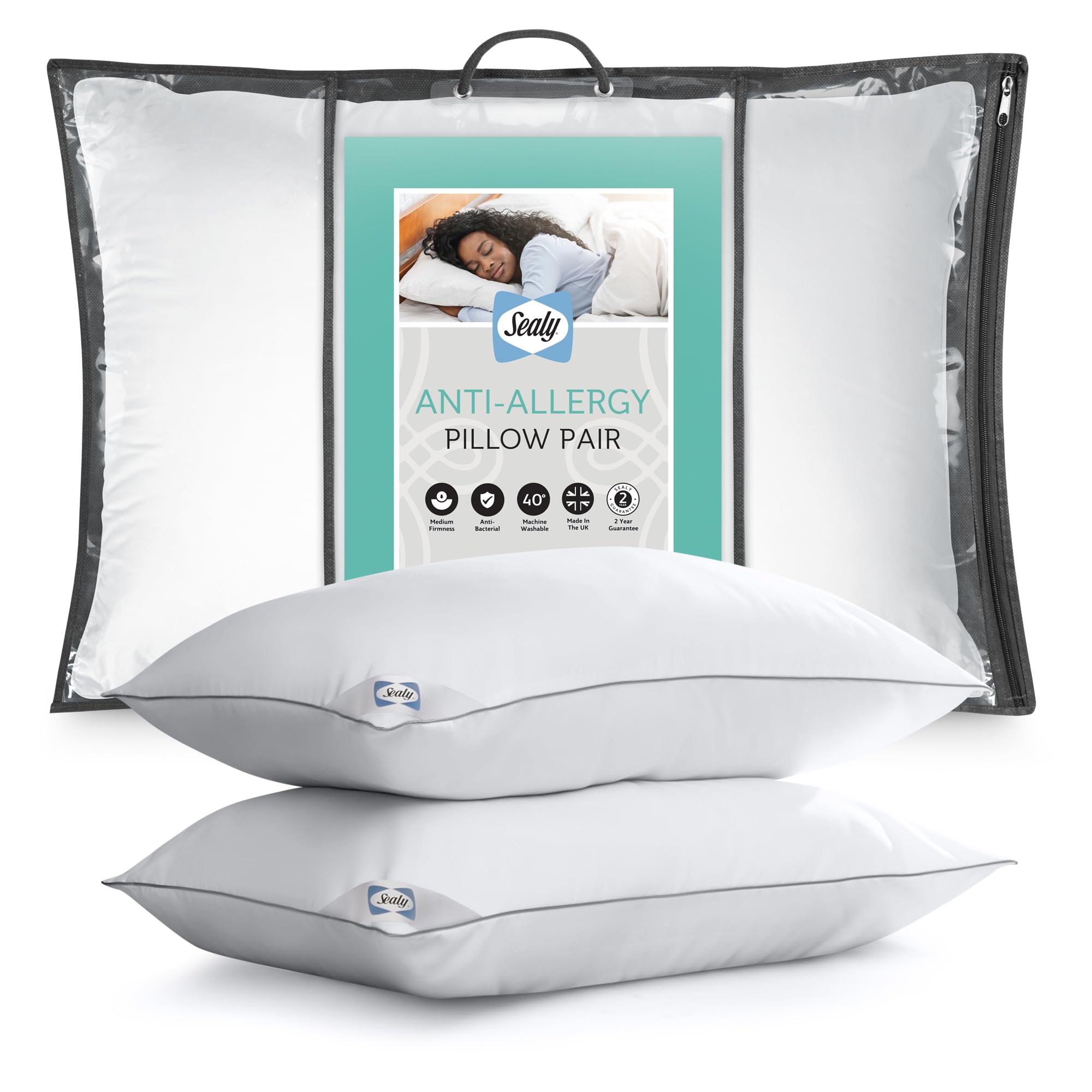 Sealy Anti-Allergy Pillows - Medium Support Bed Pillows for All Sleeping Positions with Fi...