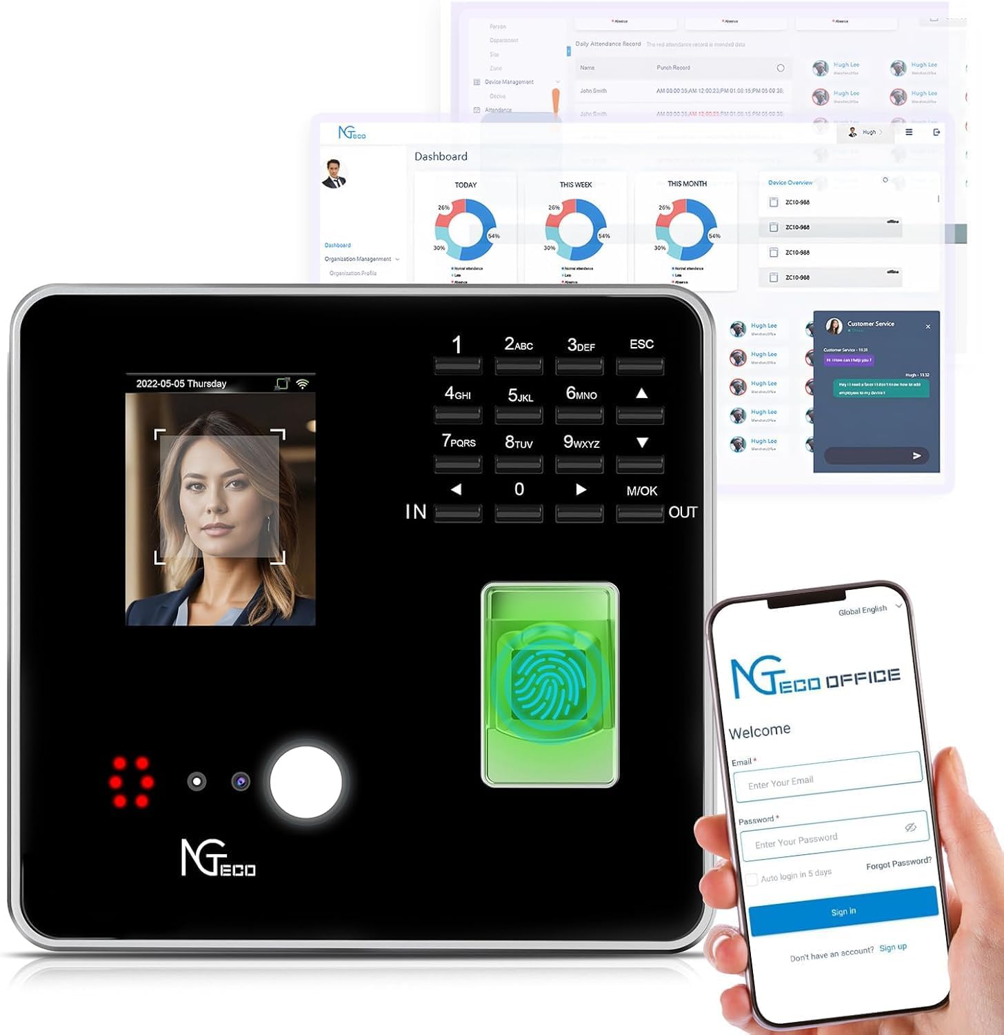 NGTeco Pointeuse Horaire Cloud,Pointeuse Horaire Personnel,Système Multi-utilisateurs avec Synchronisation en Temps Réel et Sécurité AWS Machine à Carte de Pointage avec Logiciel de Contrôle Distance