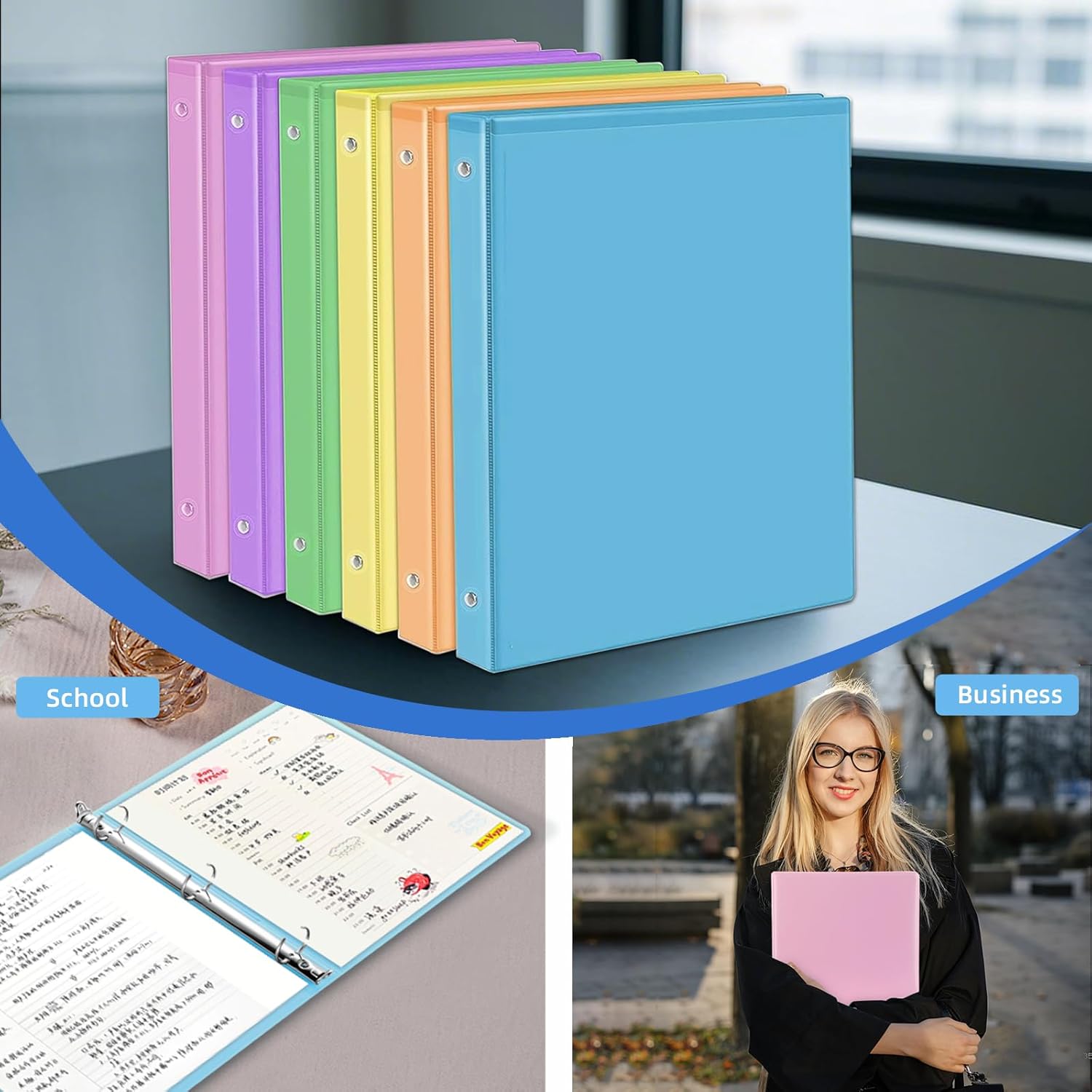 3 Ring Binders,1 Inch Round Rings, with Clear View Covers, Assorted Colors,6 Pack