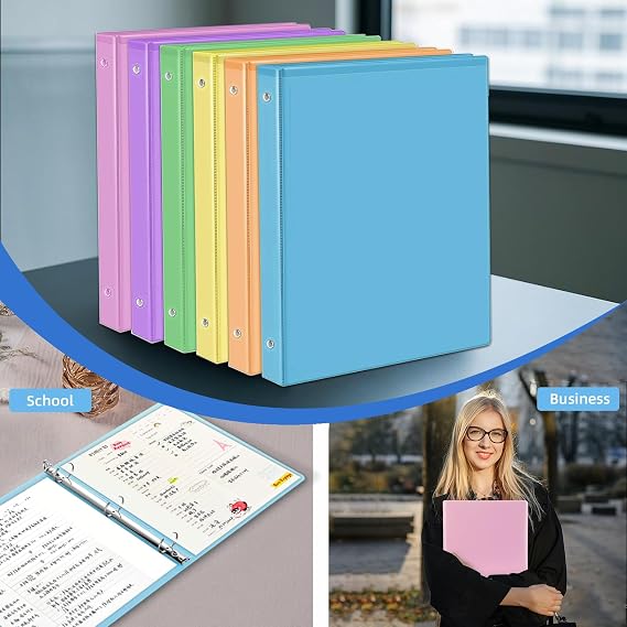 3 Ring Binders,1 Inch Round Rings, with Clear View Covers, Assorted Colors,6 Pack