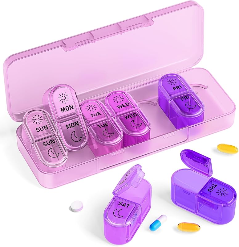 Pastillero Pillex, organizador de pastillas Am & Pm 7 días, pastillero semanal 2 veces al día, lindo pastillero 7 días, organizador de medicamentos para viajes, vitaminas, aceites de pescado, suplementos (degradado rosa-púrpura)