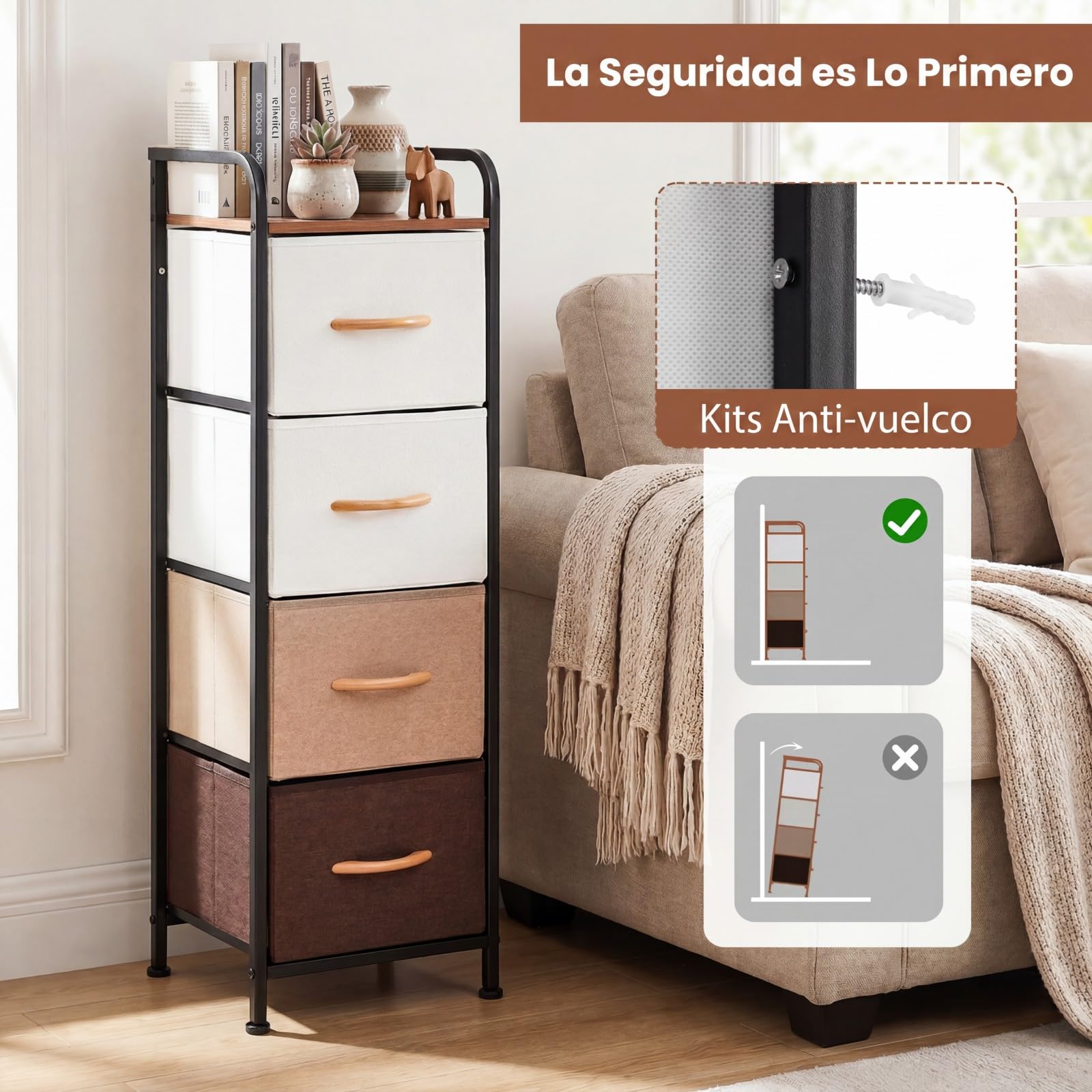 COSTWAY Cómoda con 4 Cajones, Cajonera Estrecha con Cajones de Tela Plegables Extraíbles y Estructura Metálica, Armario Organizador Independiente para Entrada Salón Dormitorio Vestidor