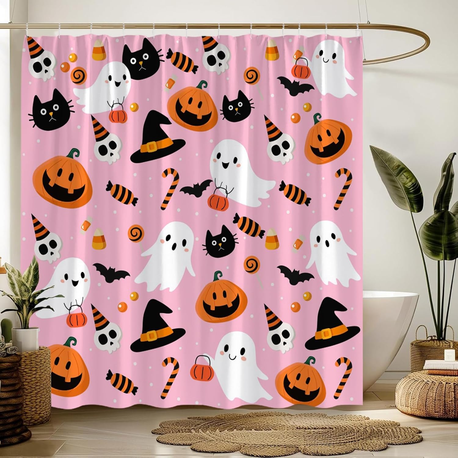 Halloween Shower Curtain Ghost Pumpkins Skull Cat Bat Stick Candy Spooky Gothic,Pink White 70" Wx78 H Fabric Bathroom Decor Curtain with Hooks