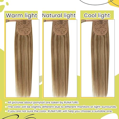 Miniatura 8 de RUNATURE - Extensión de cola de caballo de cabello humano real con pinzas, extensiones de cabello corto lacio, color rubio oscuro con reflejos rubio