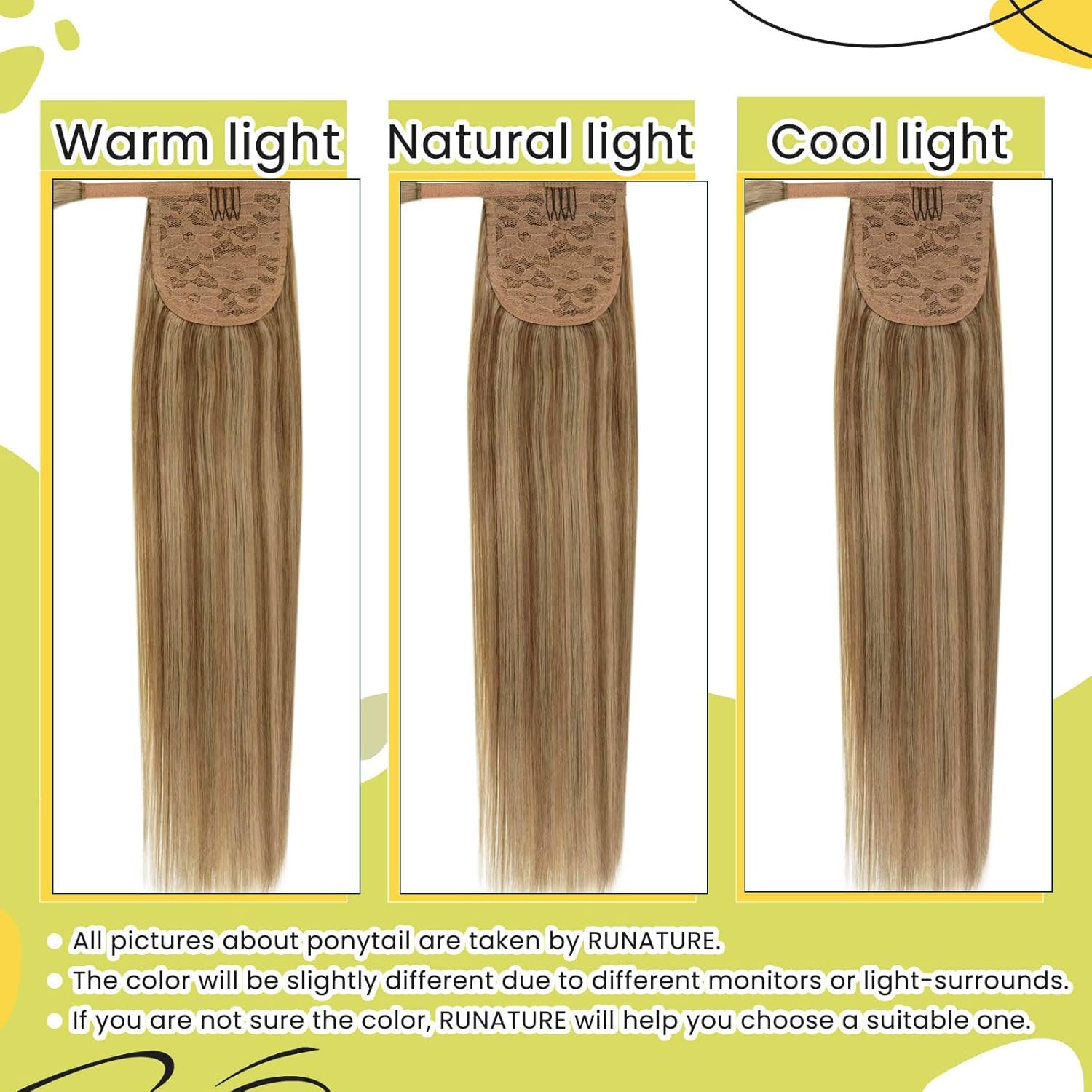 RUNATURE Human Hair Ponytail Extension Blonde Ponytail Hair Extension Dark Blonde Highlight Caramel Blond Short Ponytail Human Hair Extensions Straight Pony Tails Hair Extension 12 Inch 70g — view 8