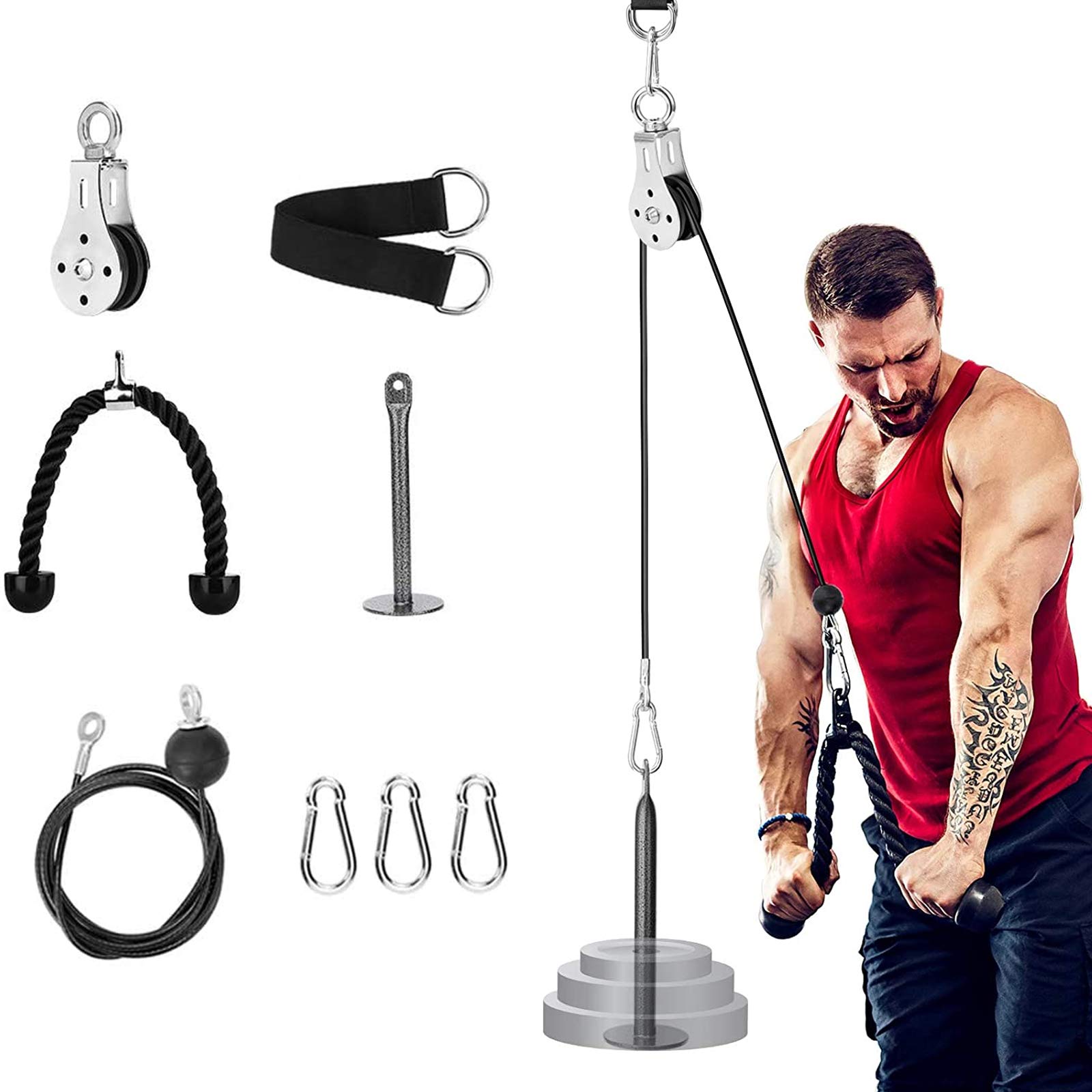Riiai DIY Pulley Cable Machine Attachment System, Fitness Cable Pulley System Home Gym Equipment Pulley System Gym for Lat Pull Downs, Biceps Curl, Back, Forearm, Tricep Extensions, Tricep Pull Downs