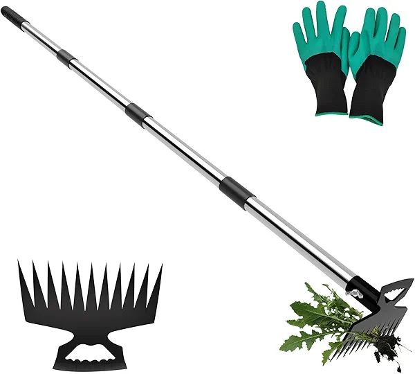 ATLRGISL Weeding Puller Tool with Long Handle, 11 Tooth Manual Weed Rake Weeder Remover Tool Gardening with Gloves, Dandelion Gardenia Uprooting Tool for Yard, Lawn, Patio and Garden