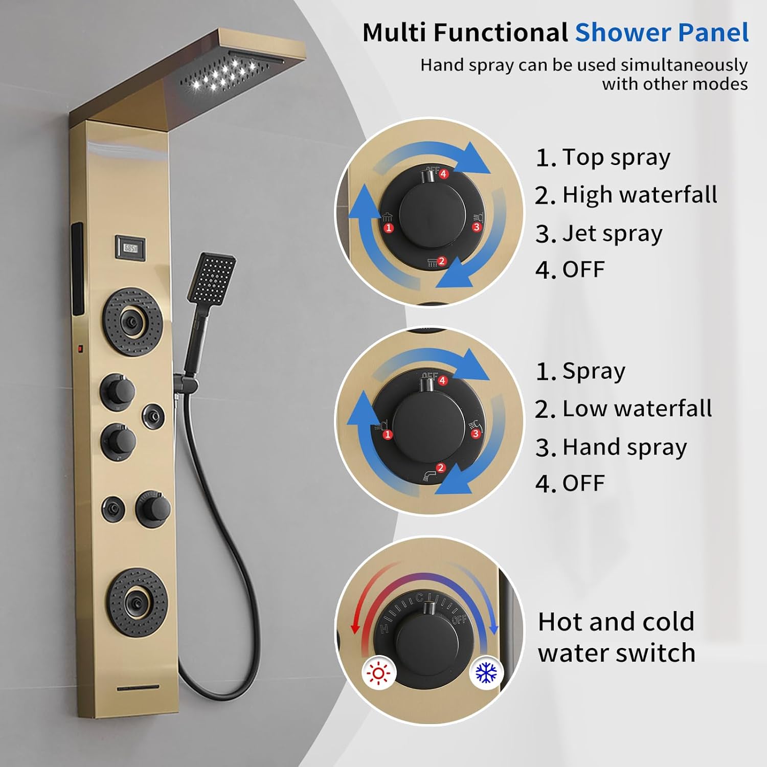 Brushed Gold Shower Panel LED Rainfall Shower Head, Bathroom Shower Panel Tower System Body Massage 6-Functions Temperature Display Wall Mount, Gold