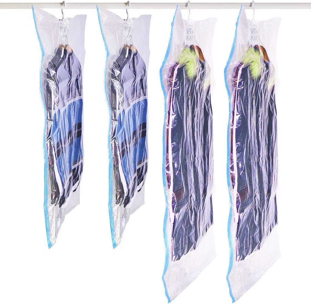 SANTREST Hanging Vacuum Seal Storage Bag,Set of 4(2 Long 145 x 70cm,2 Short 105 x 70cm), Clear Space Saver Bags Closet Organizer for Clothes Dress